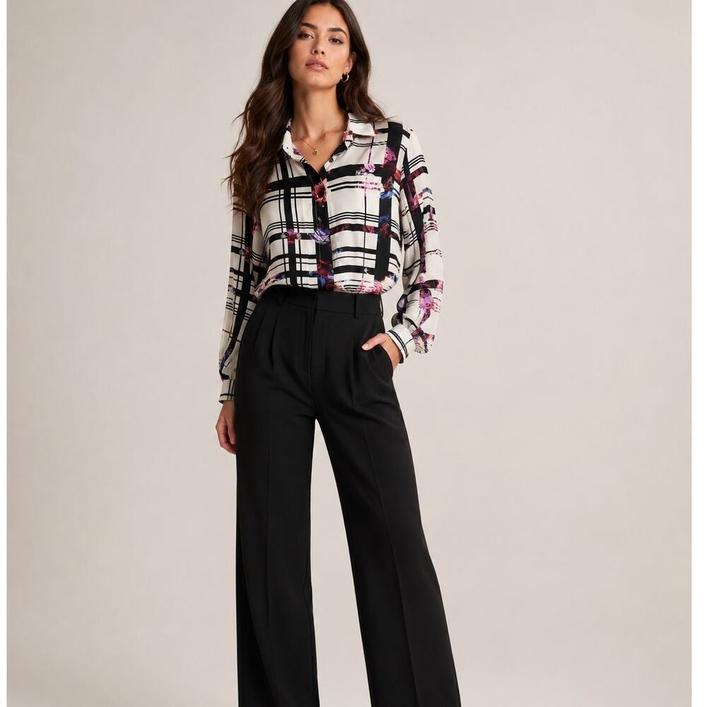 MSGM Silk White & Black Plaid Floral Print Long Sleeve Blouse Womens M Button